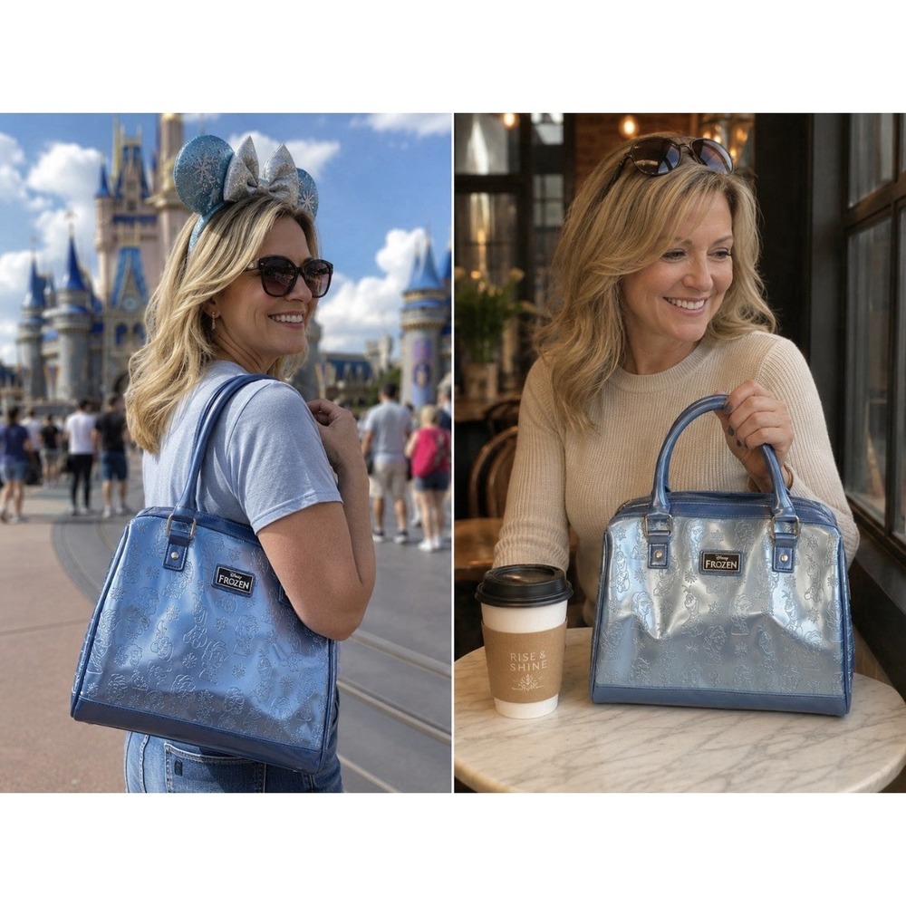 Loungefly Disney Elsa Frozen Barrel Bag Icy Blue  with Elsa, Anna, Olaf